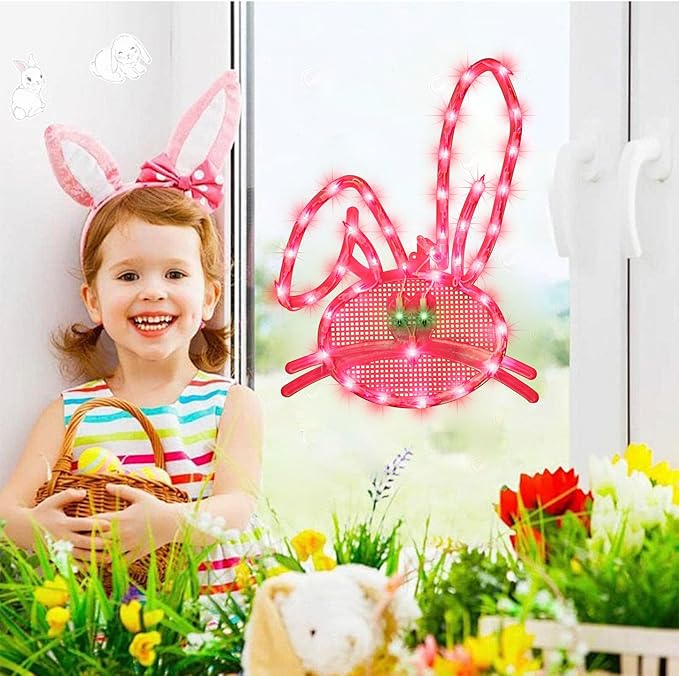 LAMPHOME 17" Lighted Pink Bunny Head Easter Window Silhouette Decoration