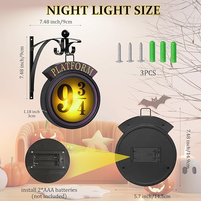 Vintage Hanging 9 3/4 Night Light, Platform 9 3/4 Sign Wall Light, Home Decor 9 ¾ Sign Lights Led Lamp Decoration, Halloween Christmas Gift for Movie Lovers and Fans
