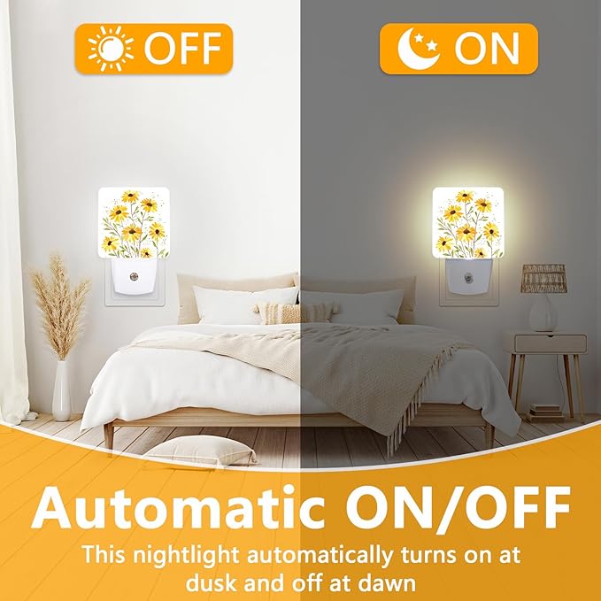 Watercolor Sunflower Night Light, Plug-into Vintage Floral Nightlight White LED Lamp, Energy Efficient Decor Desk Lamp for Bedroom Hallway Stairs Bathroom
