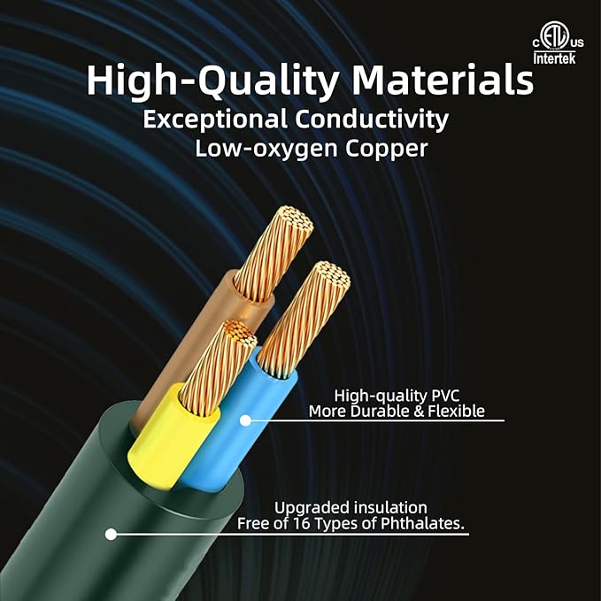 50FT 16/3 Gauge Green Outdoor Extension Cord Waterproof Light Duty, 3 Prong Cold Weatherproof -40℉ Flexible Power Cord, 13A 1625W SJTW ETL Listed for Lawn Mower, Christmas Lights, Tools