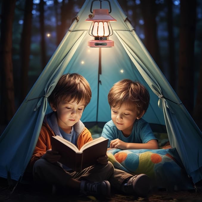 HOMY Pink Retro Kids Camping Lantern, 3-Color Dimmable Portable LED Night Light with Handle, Vintage Decorative Lamp for Toddlers, Gift for Tent, Backyard & Indoor Play