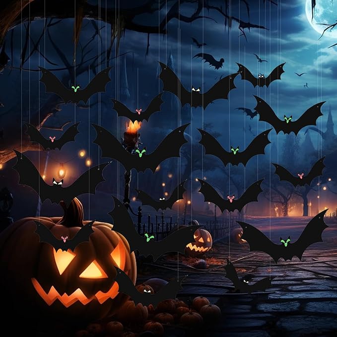 15 Pcs Hanging Bats Halloween Decoration Outdoor, Large Scary Fake Black Hanging Flying Bat Spooky Decor for Halloween Yard Sign Outside Indoor Party Supplies Wall Decals (3 Sizes)