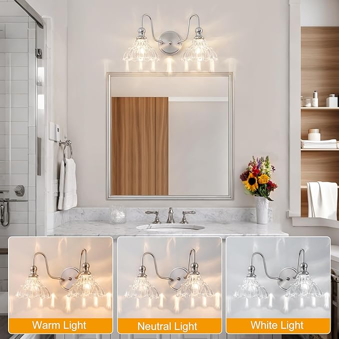 Vintage Bathroom Light Fixtures Over Mirror, 2-Light Brushed Nickel Wall Sconce Lighting with Flower Glass Shade, Farmhouse Vanity Lights for Bedroom Kitchen Living Room Hallway Light