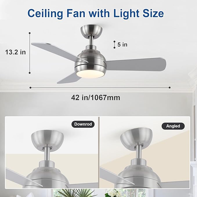 42 Inch Ceiling Fans with Lights and Remote, Modern Brushed Nickel Ceiling Fan with Light, DC Reversible, 6 Speeds, 3CCT, Dimmable, 3 blades, Bedroom, Indoor/Outdoor Patios Use
