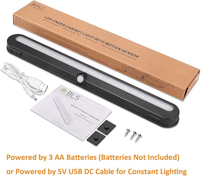 BLS T01LB LED Closet Light Super Bright 20 LED Under Cabinet Lighting Battery Powered / DC Input Wireless Motion Sensing Light, Auto On Off Switch, Motion & Light Sensor, Light Beam Adjustable