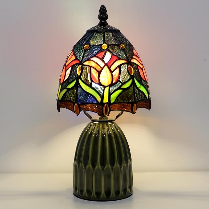 Tiffany Lamp Stained Glass Mushroom Table Lamps 6X6X12.5 Inch Red Tulip Style Small Night Light Ceramic Base Mini Accent Desk Light Suitable for Bedside Table Bedroom Children Room