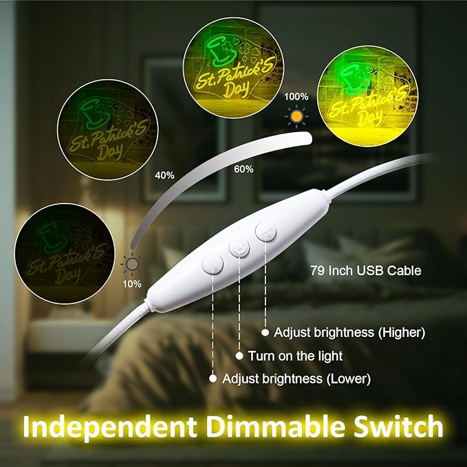 St Patricks Day Neon Sign,Dimmable St. Patrick's Day Neon Signs for Wall Decor,Green Hat Clover Neon Light Happy St. Patrick's Day Decoration USB Led Sign for Bedroom Living Room Wall Art