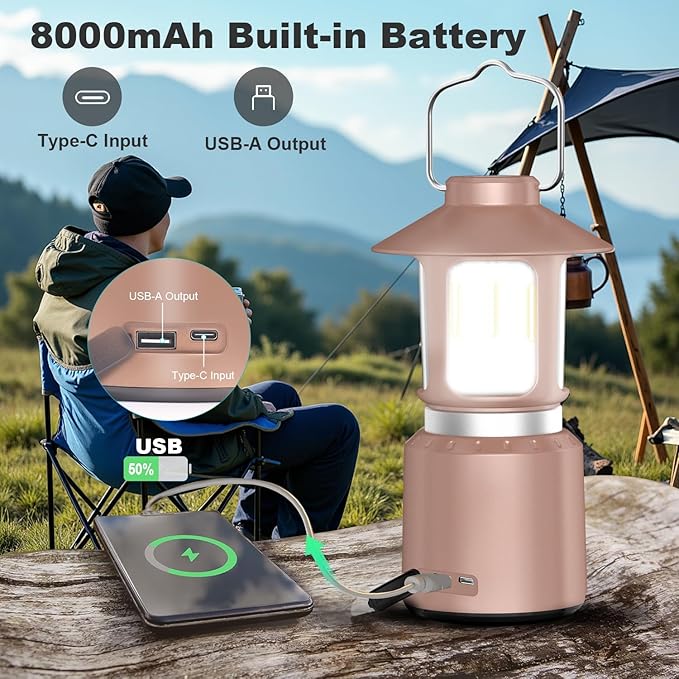 Telescopic LED Camping Lantern, 8000mAh Battery Powered Vintage Camping Lights, 3 Light Modes, Stepless Dimming Tent Lights, Portable Emergency Light for Power Outages, Outdoor Work, Hurricane, Hiking