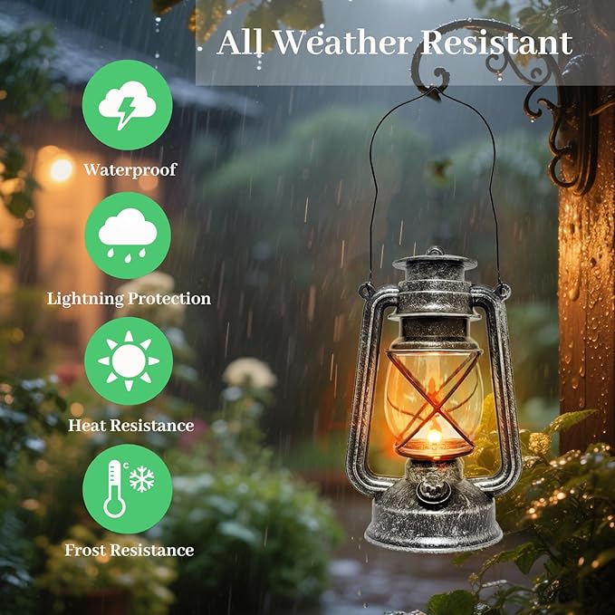 Vintage LED Outdoor Lantern Battery Powered Lanterns with Flame Wick Waterproof Camping Lamp Non-Solar Hanging Lantern Lights Landscape Decor for Indoor/Outdoor Use- Silver Color