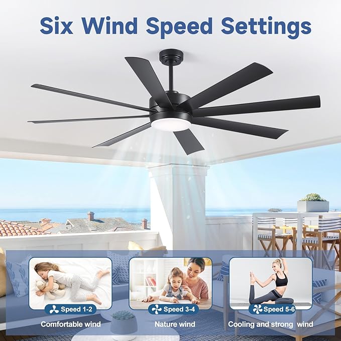 72 Inch Ceiling Fans with Lights, Ceiling Fans with Lights and Remote, Dimmable, Indoor/Outdoor Black Modern Ceiling Fan for Kitchen Living Room Patio, Shop Industrial, Dual Finish 8 Blades