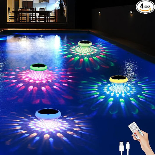 Solar Floating Pool Lights(4 PACK), 2600mAh USB Rechargeable Pool Lights That Float with Remote, 6.7’’ IP68 Waterproof Floating Light, 13 Colors Changing Upper and Lower Glow Hangable Light for Pools