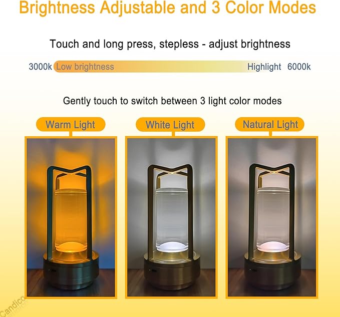 Cordless Table Lamp Rechargeable Portable Metal Touch Small Desk Lamp,Indoor/Outdoor Battery Operated LED Night Light,3Color Stepless Dimming Crystal Lantern Suitable bedrooms,Bars,cafes,Camping,Gold
