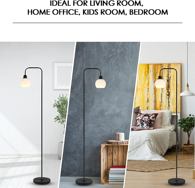 Modern Floor Lamp for Living Room, Black, with 3 Color Temperatures LED Bulb, Industrial Design, 63.2 in H, White Glass Shade, E26 9W A19 LED Bulb Included
