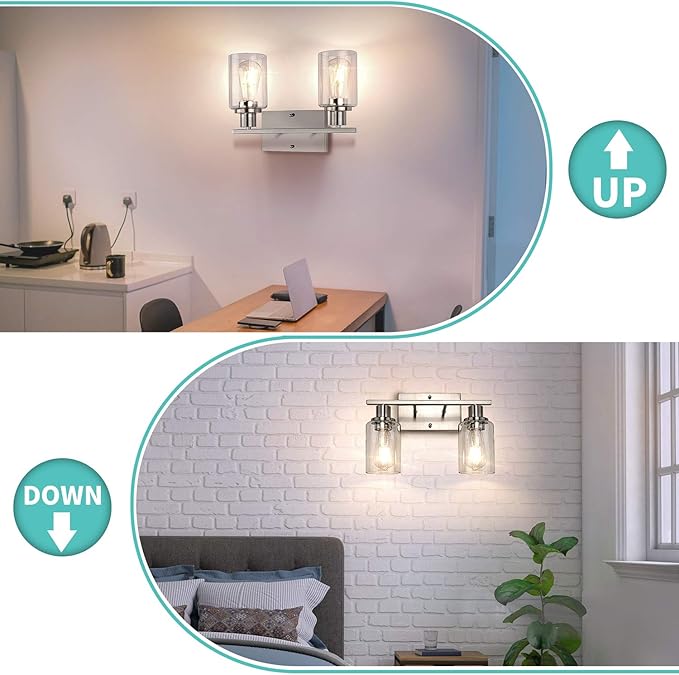 ShineTech 2-Light Bathroom Light Fixtures, Modern Vanity Lights with Clear Glass Shade, Brushed Nickel Bathroom Vanity Light Over Mirror, Living Room