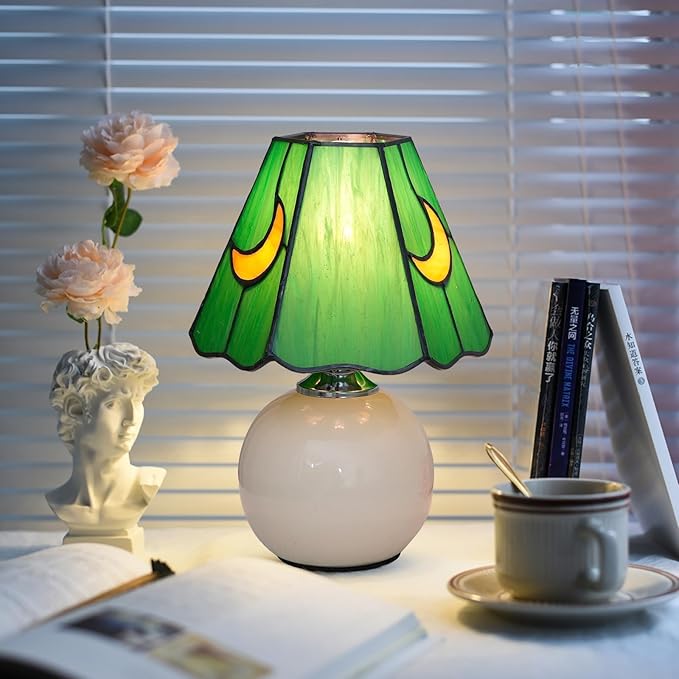 Mushroom Lamp Tiffany Lamp Stained Glass Table Lamp Moon Cute Small Bedside Lamps for Living Room Home Decor,Unique Aesthetic Home Living Room Decor Girls Women Birthday Day Gift,(Green)