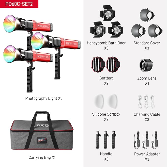 GVM PD60C RGB Video Light, 3 Packs 60W COB Photography Lighting with Softbox, Portable Studio Light, IP65 Water Resistant Handheld Spotlight for Photographers, 2700-6800K, 34200lux/0.5m