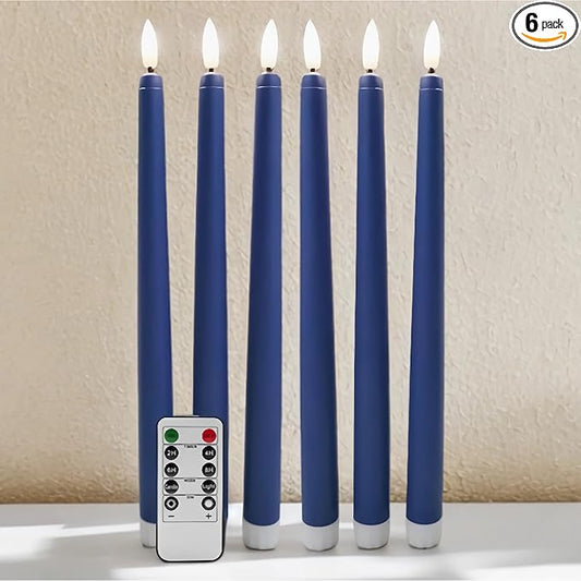 Navy Blue Flameless Taper Candles with Remote Timer, Flickering Battery Operated LED Candlesticks Set of 6