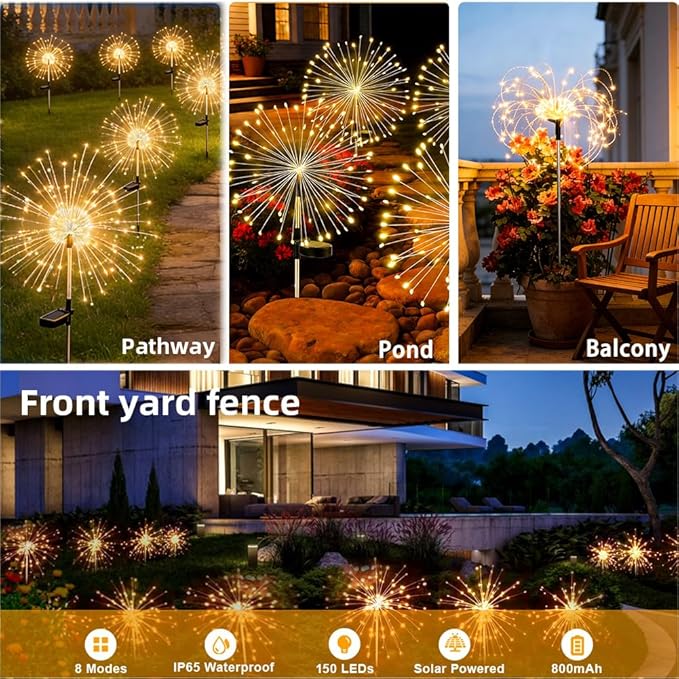 Solar Firework Lights for Outside, 150 LED 8 Modes Fireworks Solar Fairy Lights Outdoor Flowers for Garden Yard Patio Pathway Wedding Christmas Diwali Easter Party Decor Warm White(4 Pack)