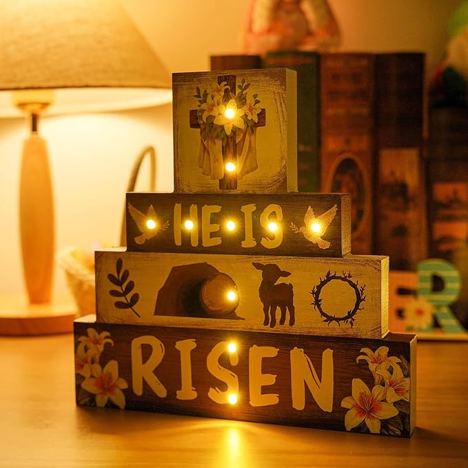 Religious Easter Decorations Indoor - Led Cross Christian Decor He Is Risen Light up Happy Easter Wooden Sign for Table Religious Home Office Indoor Decor 9 × 9 Inch