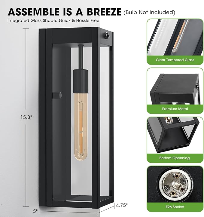 15.3" Large Motion Sensor Outdoor Wall Lights 2Pack, Dusk to Dawn Porch Lights Outdoor Wall Sconces,3 Lighting Modes Black Exterior Lighting Fixtures, Outside Lanterns for House Garage,None-Bulb