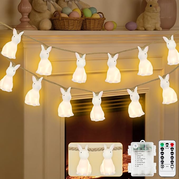 YIQU Easter Decoration String Lights, 10FT 12LED Indoor Bunny Mantel Garland Battery Operated with Remote Timer 8 Modes, Hemp Rope Banner for Fireplace Table Wall Spring Party Indoor Outdoor Decor