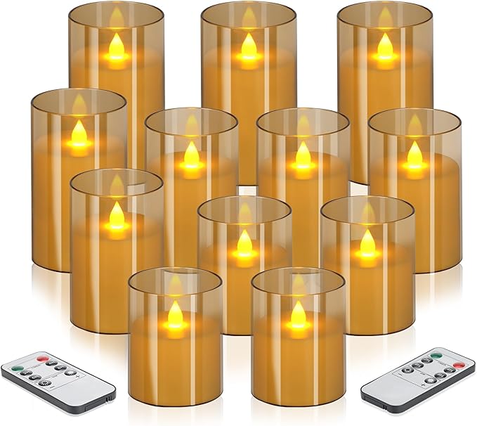 Flameless Candles 4" 5" 6" Set of 12 Acrylic Glass Pillars 3" Diameter Battery Operated Flickering Candles Include 8-Key Remote with Timer Function 400+ Hours (Amber, 12 Pack)