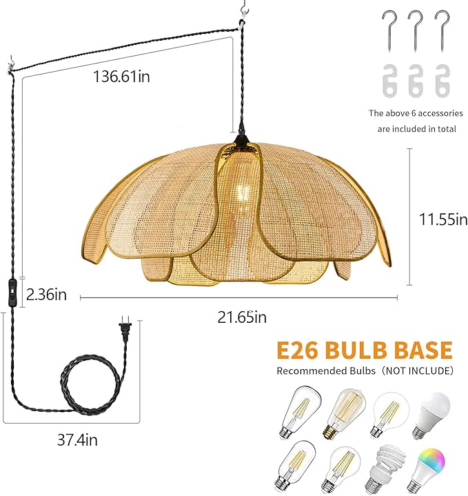 Boho Chandelier, Hemp Rope Pendant Light Hand-Woven Rattan Hanging Lamp Wicker Retro Light Fixtures for Hallway Entryway Kitchen Island Dining Room Bedroom(1-Pack)