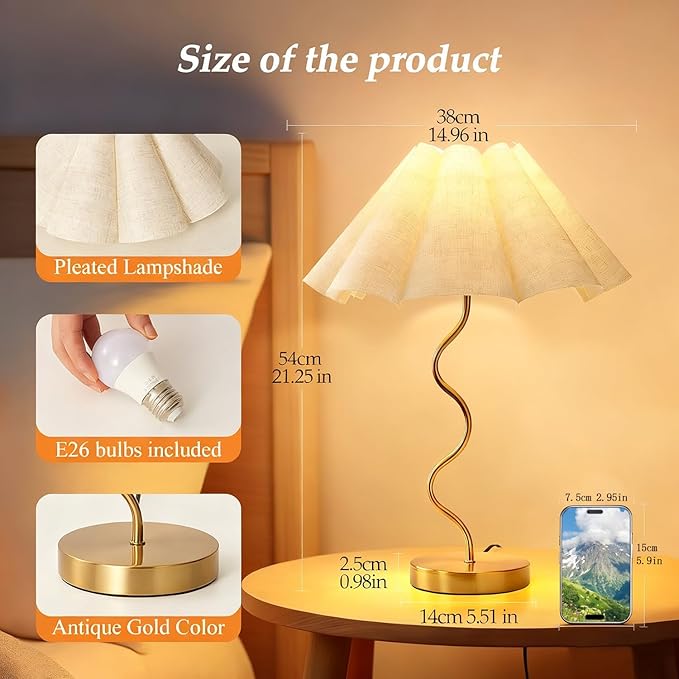 Small Table Lamp, Pleated Table lamp for Bedroom, Bedside Lamps for Nightstand with Linen Lampshade, Modern Lamp for Bedroom Home Office Decor, Gold.