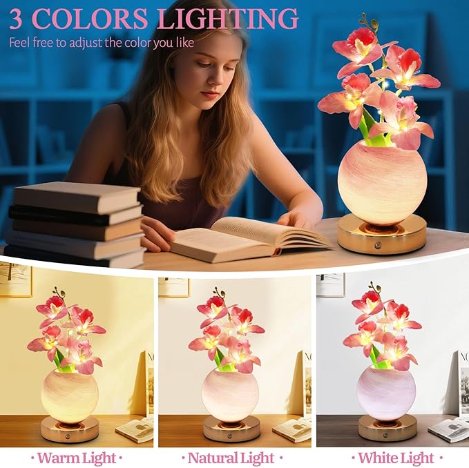 Flower Table Lamp, 3 Colors Orchid Night Light, Cordless Touch Dimming Artificial Flower with Vase Lamp, LED Bedside Night Light Romantic Gifts for Girl Women Mom (Pink Orchid)