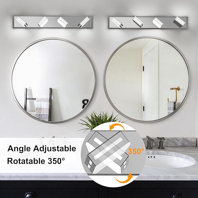 30-Inch 4-Light LED Modern Chrome Bathroom Vanity Light Fixtures Over Mirror, Bathroom Lighting Fixtures with Cool White 6000K, Rotatable Vanity Wall Lights for Bath Restroom Powder Room