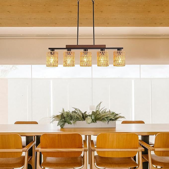 Boho Dining Room Light Fixture, 5-Light Rattan Chandelier, Farmhouse Woven Large Coastal Wicker Wood Bamboo Bohemian Rustic Rectangle Black Linear Pendant Lights Over Table for Kitchen Island
