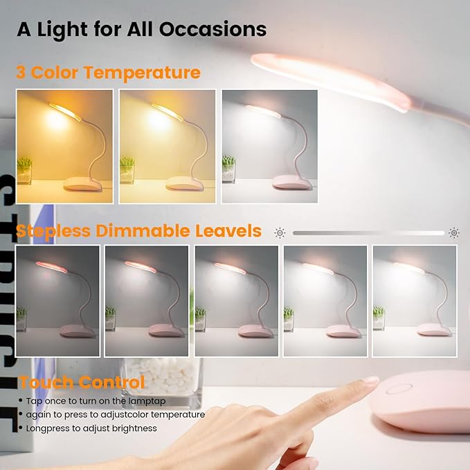 Battery Powered Desk Lamp, Portable Lamps Rechargeable 3 Color Modes Touch Control Stepless Dimming, Wireless Desk Lamp with 2000mAh, Small LED Table Light for Dorm Study Office Bedroom,Pink(2-PACK)