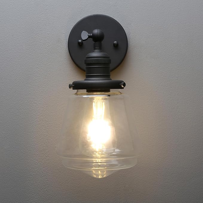 Phansthy Wall Sconces Light Fixture Industrial Wall Lamp, 180 Degree Adjustable Bathroom Vanity Light, Wall Light with Glass Shade Wall Decorative Lighting for Kitchen Living Room Hallway (Black)