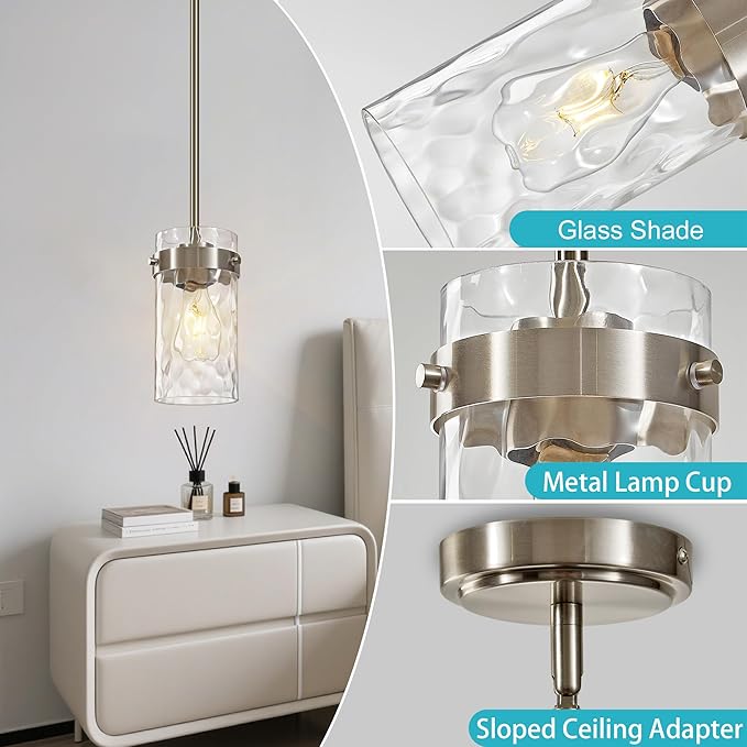4.72" Hammered Glass Pendant Lighting for Kitchen Island 1 Pack, Modern Brushed Nickel Pendant Light Fixtures, Adjustable Ceiling Pendant Light for Kitchen Island Dining Room Bedroom Hallway