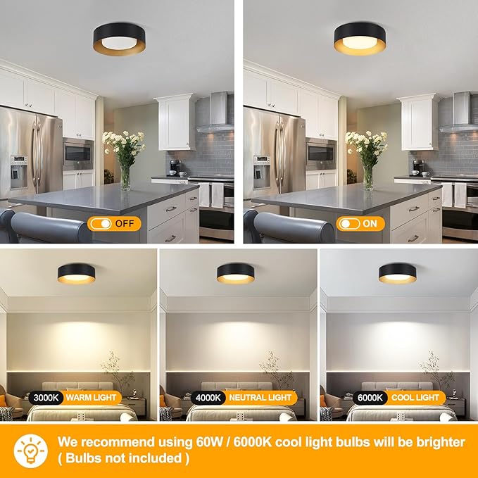 Modern Flush Mount Ceiling Lights,Minimalist 12.5IN Round Close to Ceiling Light Fixture,Black and Gold Metal Ceiling Lighting Lamp for Entryway,Hallway,Kitchen,Bedroom