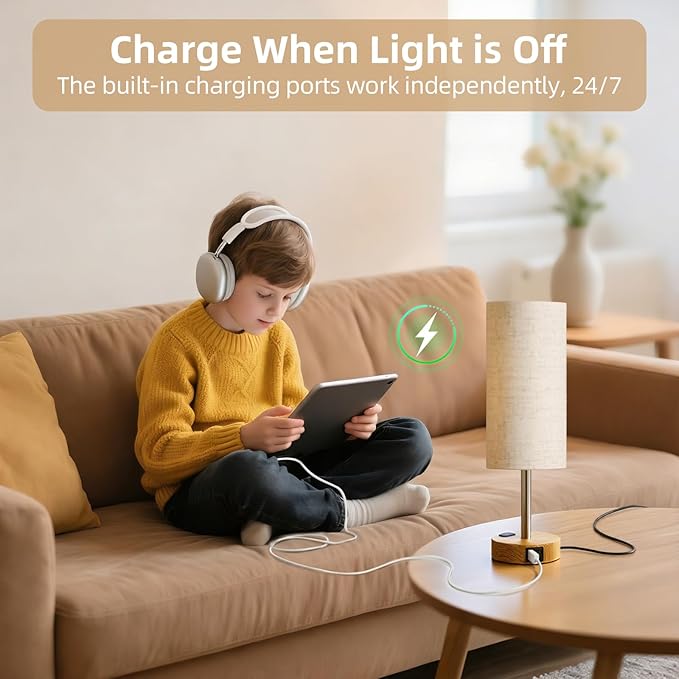 Table Lamp for Nightstand, High-Sensitivity Touch, 3-Level Dimmable Bedside Lamp with AC Outlet | USB | and USB-C, Ideal Night Stand Lamp for Bedroom, Reading, Living Room (Warm&Wooden)