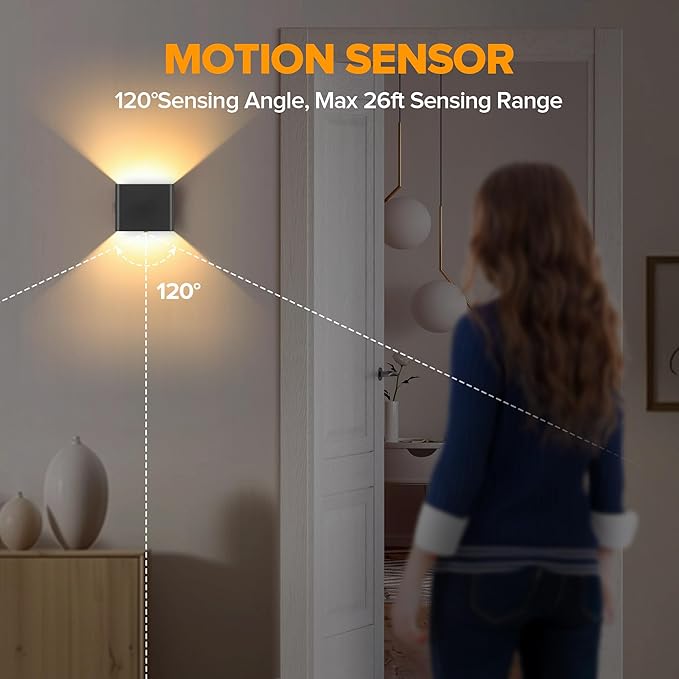 LUTEC Motion Sensor Wall Light, 5000mAh Rechargeable Battery Powered Wall Lamp, Two Adjustable Modes, Waterproof, Wireless LED Up and Down Wall Sconce for Living Room, Hallway, Bedroom-Black