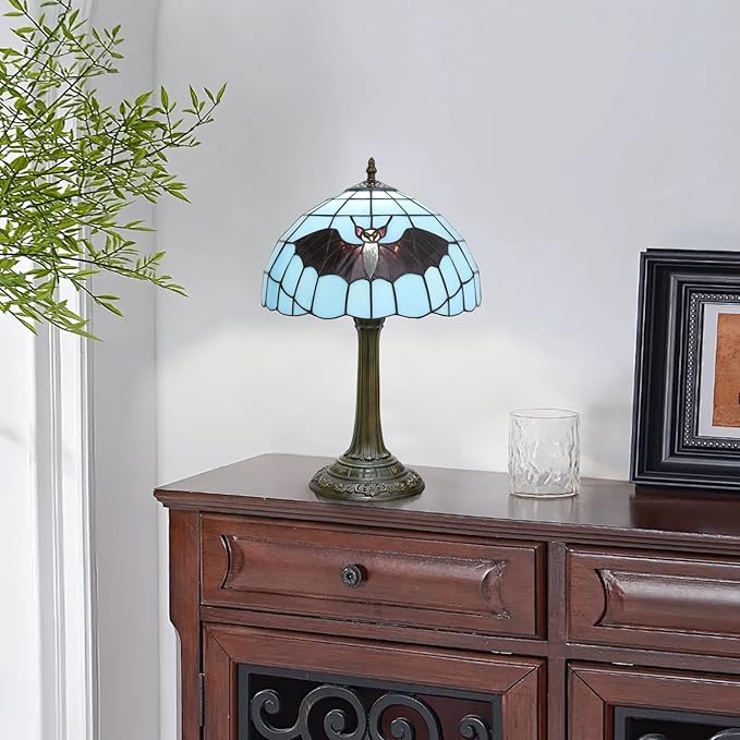 Tiffany Lamp Stained Glass Lamp 12 Inch Tiffany Style Blue Background With Black Bats Bedside Lamp Classical Art Decor Bedroom Living Room Dining Dormitory Table Vintage Home Decor The Ideal Gift