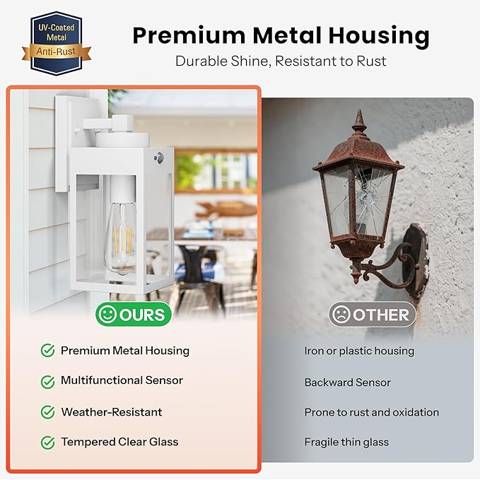 Gleamz 2-Pack White Motion Sensor Outdoor Light Fixtures Wall Mount, H11'' Modern Dusk to Dawn Exterior Wall Lantern for House Front Porch, Waterproof Outdoor Sconce Lights for Garage, Coach