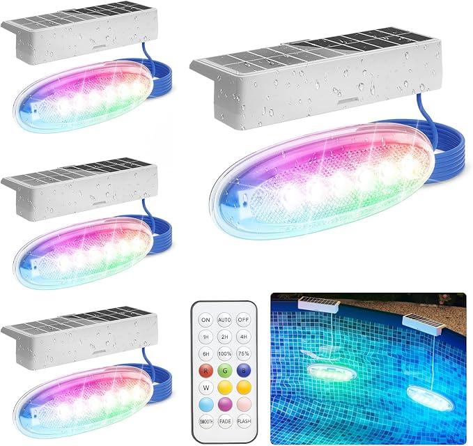 APONUO Solar Pool Lights, Pool Solar Lights for Above Ground Pools with Remote, IP68 Waterproof, RGB Color Changing Solar Powered Pools Light for Pond, Yard, Fountain (4 Pack)