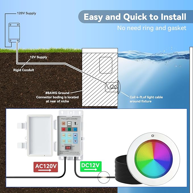 54W LED Pool Light for Inground Pools, 10 Inch, 100FT Cord, 12V, Waterproof 2-in-1 Controller & Transformer, 316 Stainless Steel, Remote & Manual Control, Suitable for Most 10 Inch Wet Niches