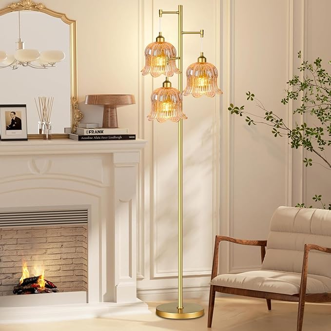 Glass Floor Lamp for Living Room,Bedroom,Mid Century Modern Standing Lamp Brass Tree 3 Light Tall Floor Lamps Vintage Floor Lights Gold Tulip Flower Lamp Shade Farmhouse Boho Bohemian