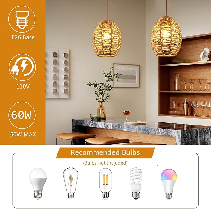 DELIPOP Pendant Light, Hand-Woven Rattan Chandelier, Boho Adjustable Hanging Lights for Living Room, Dining Room, Kitchen, Bedroom, Farmhouse