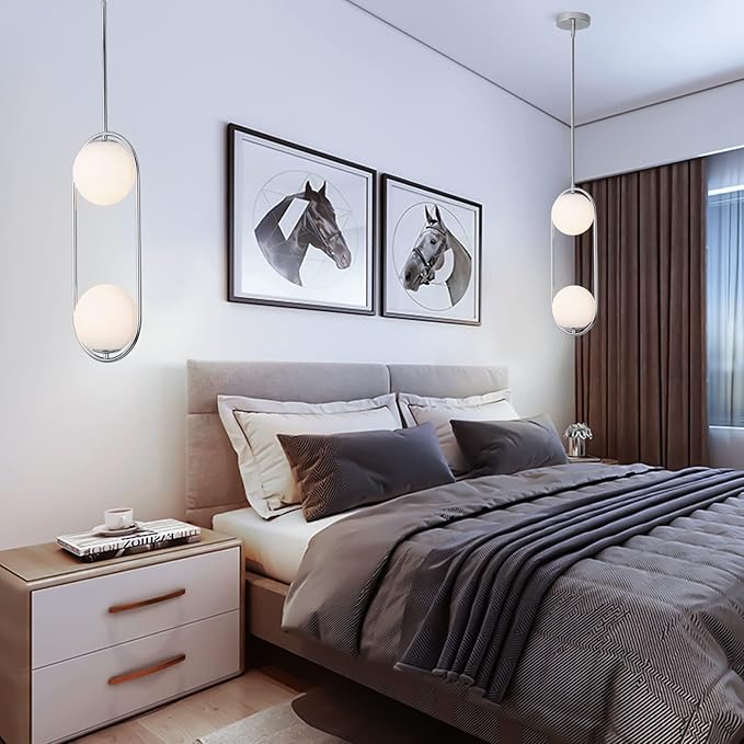 SeeU Chrome Pendant Lighting Mid Century Pendant Light Fixture Hanging Lighting Fixture with White Globe Glass Lampshade Pendant Chandelier for Kitchen Island Dining Room Bedroom