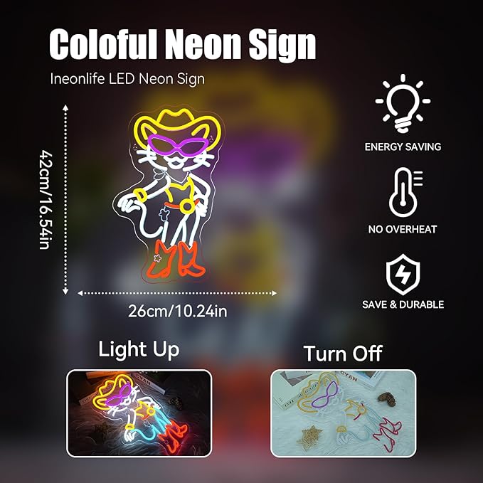 ineonlife Cowboy Neon Sign Cat Neon Signs for Wall Decor Mode LED Lights for Room Personality Light Up Western Decor for Bar Pub Birthday Party Gifts for Teens Gifts for Cat Lovers
