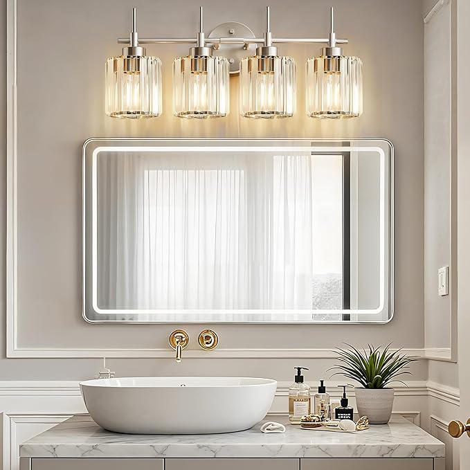 Crystal Bathroom Vanity Lights, 4 Light Bath Mirror Light Brushed Nickel Round Crystal Wall Mount Light Fixture Over Mirror Morden for Living Room
