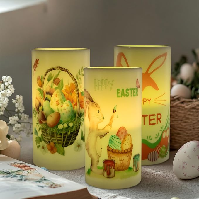 3PCS Easter Flameless Candles with Remote Control,Happy Easter Bunny Flower Rabbit Spring LED Candle Battery Operated for Easter Theme Party Home Decor