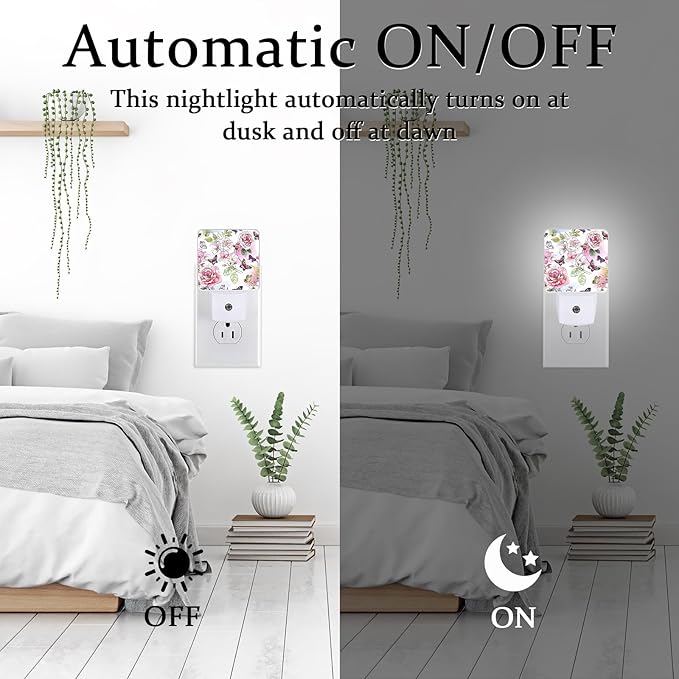 Peony Flower Night Light, Plug-into Wall Butterfly Spring Rose Wild Floral Plant Nightlight Lamp with Dusk to Dawn Sensor, Led Lamp 0.5W Energy Efficient for Boys Girls Adults Home Decor