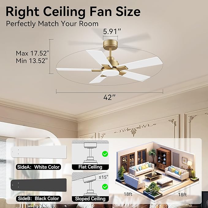 42 Inch Ceiling Fans with Lights,Smart Ceiling Fan with Light and Remote Control Alexa,APP,Modern Indoor Outdoor Ceiling Fans for Bedroom,Patio,Porch,in Black White and Gold,5 Blades,Dimmable,Quiet