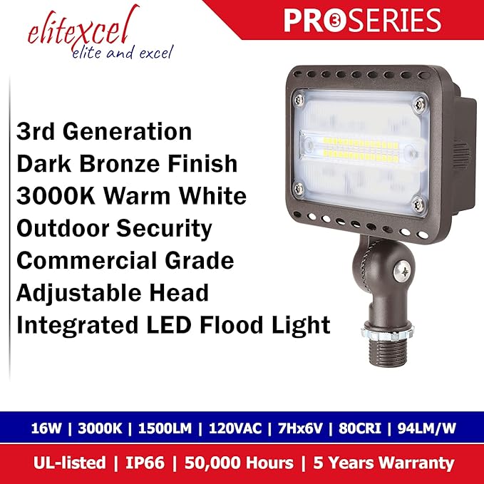 LED Flood Light Outdoor, 3rd Gen 16W Landscape Lights, 1500 Lumen 50W Replacement Waterproof Backyard Security Lights, 3000K Warm White, 1/2" Knuckle Mount, 120V and 5 Year Warranty